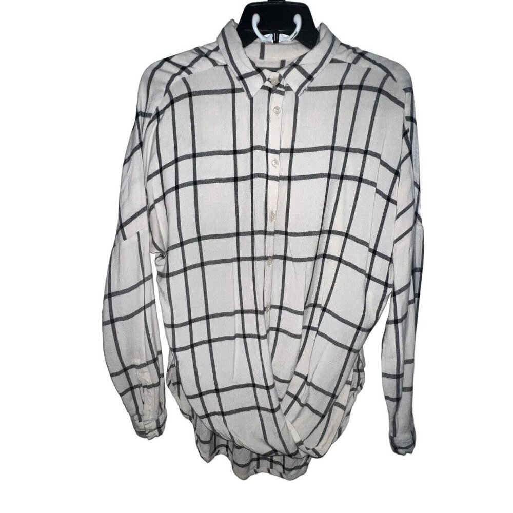 BDG WOMEN WHITE BLACK WINDOW PANE BUTTON FRONT TWIST FRONT FLANNEL BLOUSE SIZE S